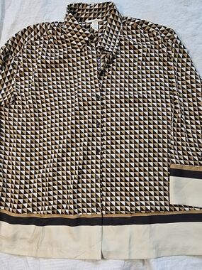 H&M Geometric Print Button-Up Blouse in Black, Tan & Cream Size XL